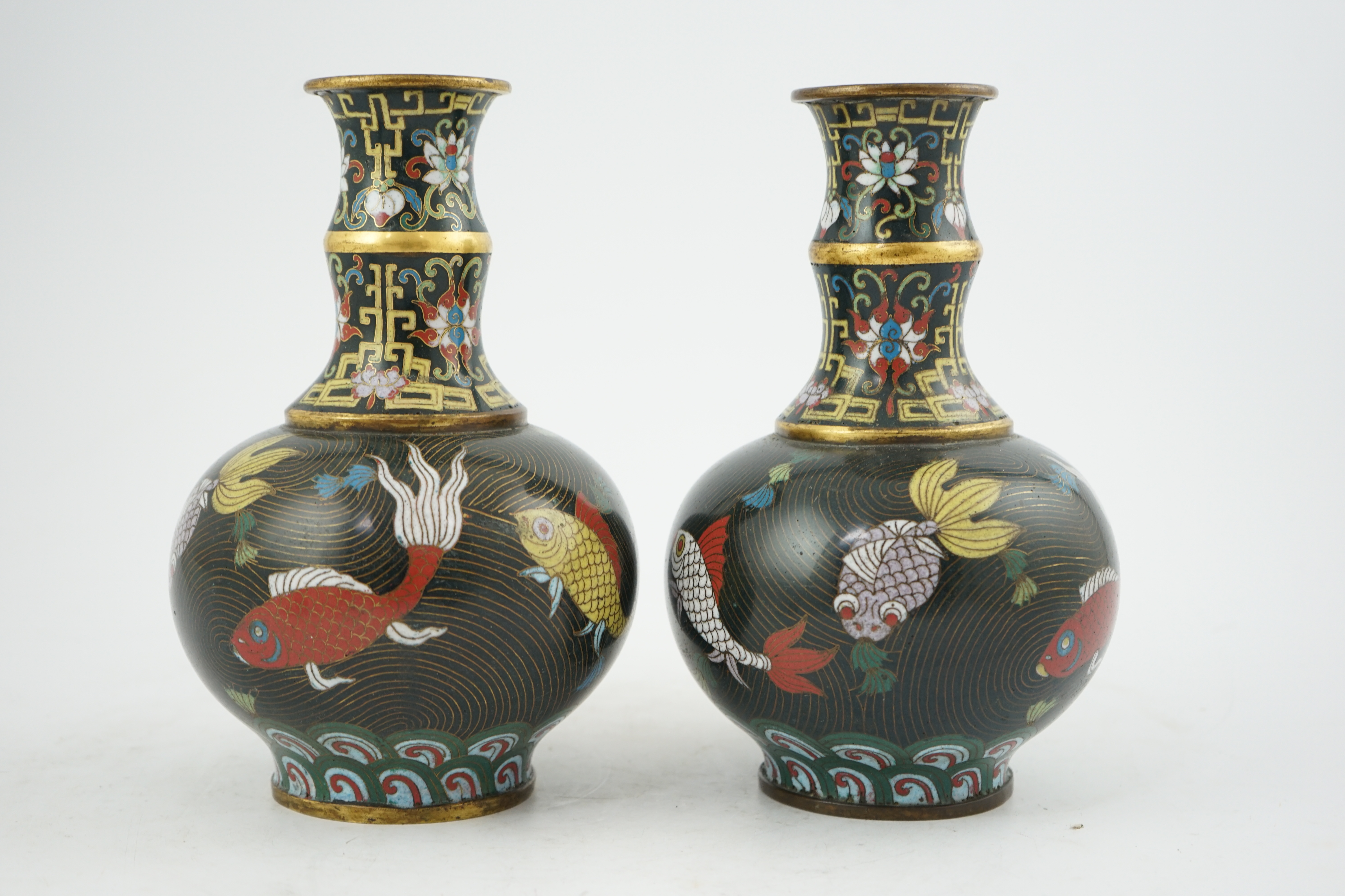 A pair of Chinese cloisonné enamel ‘goldfish’ vases, probably Jiaqing period (1796-1820)